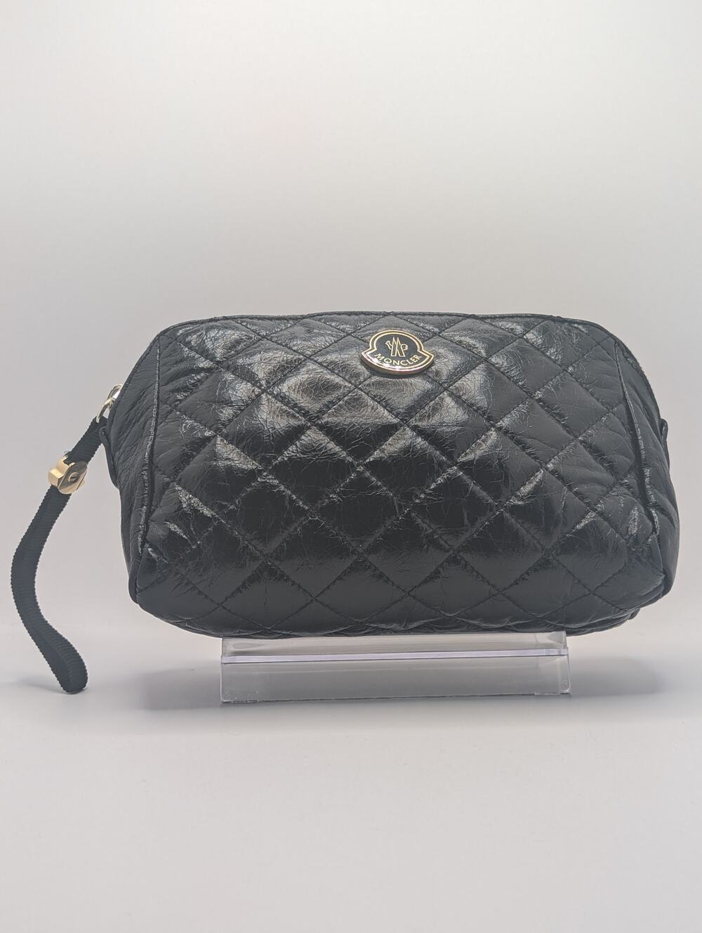 Authentic Moncler Caradoc Black Quilted Clutch w/ Holo and Wristlet Strap